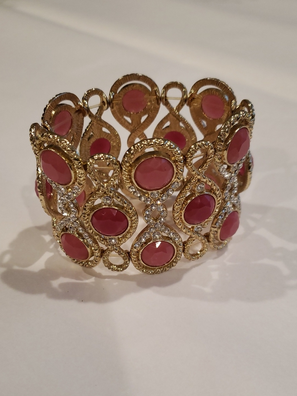 Pink Stone And Clear Crystals Gold Tone Cuff Bracelet